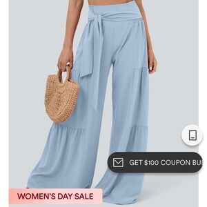 Breezeful High Waisted Shirred Tie Front & Back Wide Leg Flowy